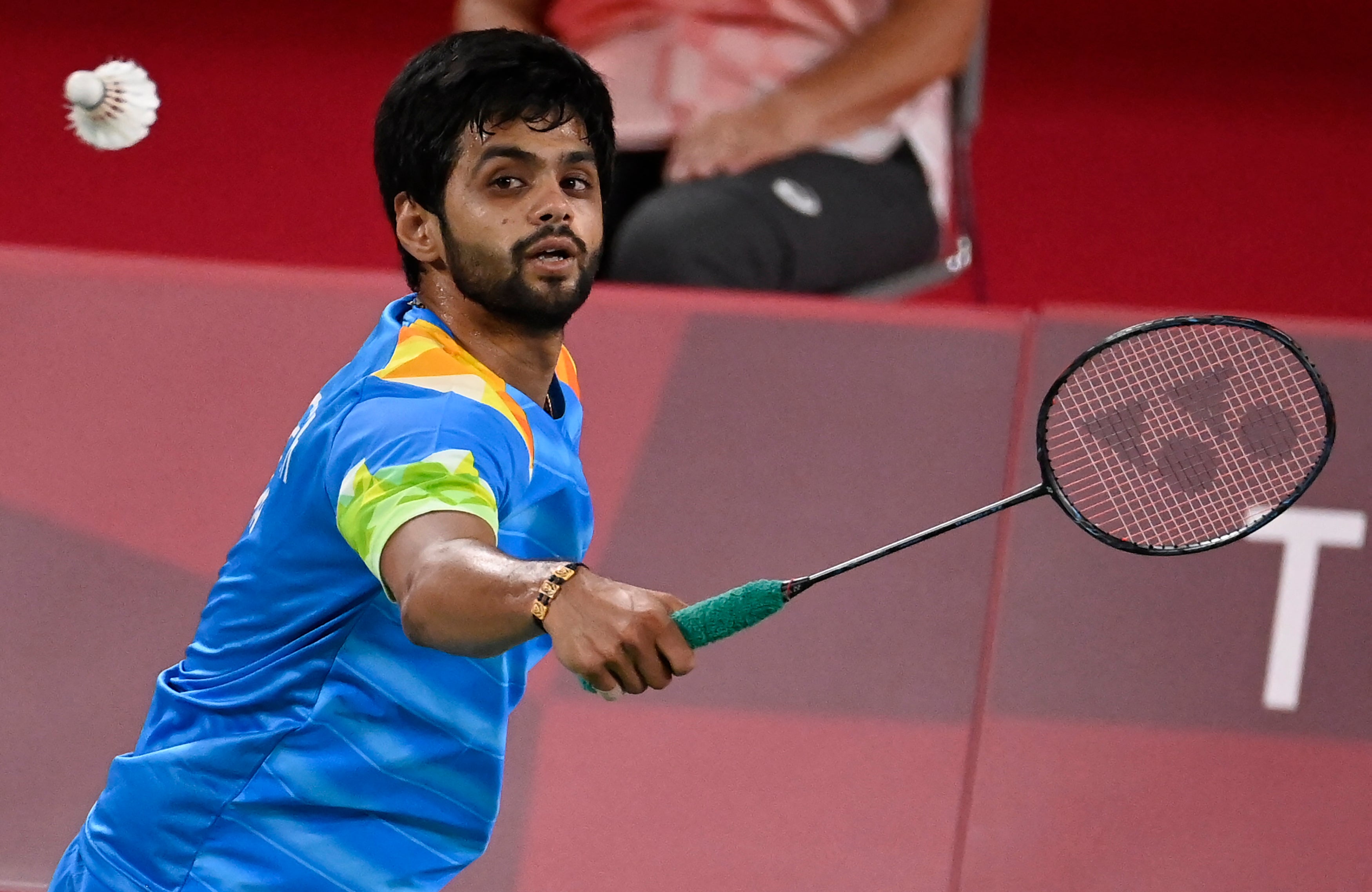 India’s B Sai Praneeth plays a shot against Israel’s Misha Zilberman in their men’s singles badminton group stage match during the Tokyo 2020 Olympic Games at the Musashino Forest Sports Plaza in Tokyo on 24 July 2021