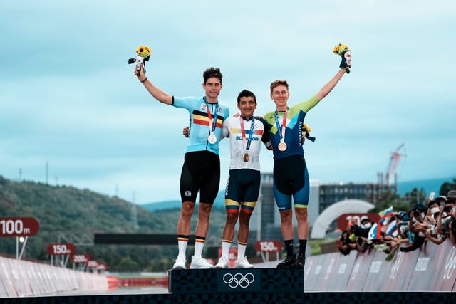 <p>Wout van Aert, Richard Carapaz and Tadej Pogacar on the podium</p>