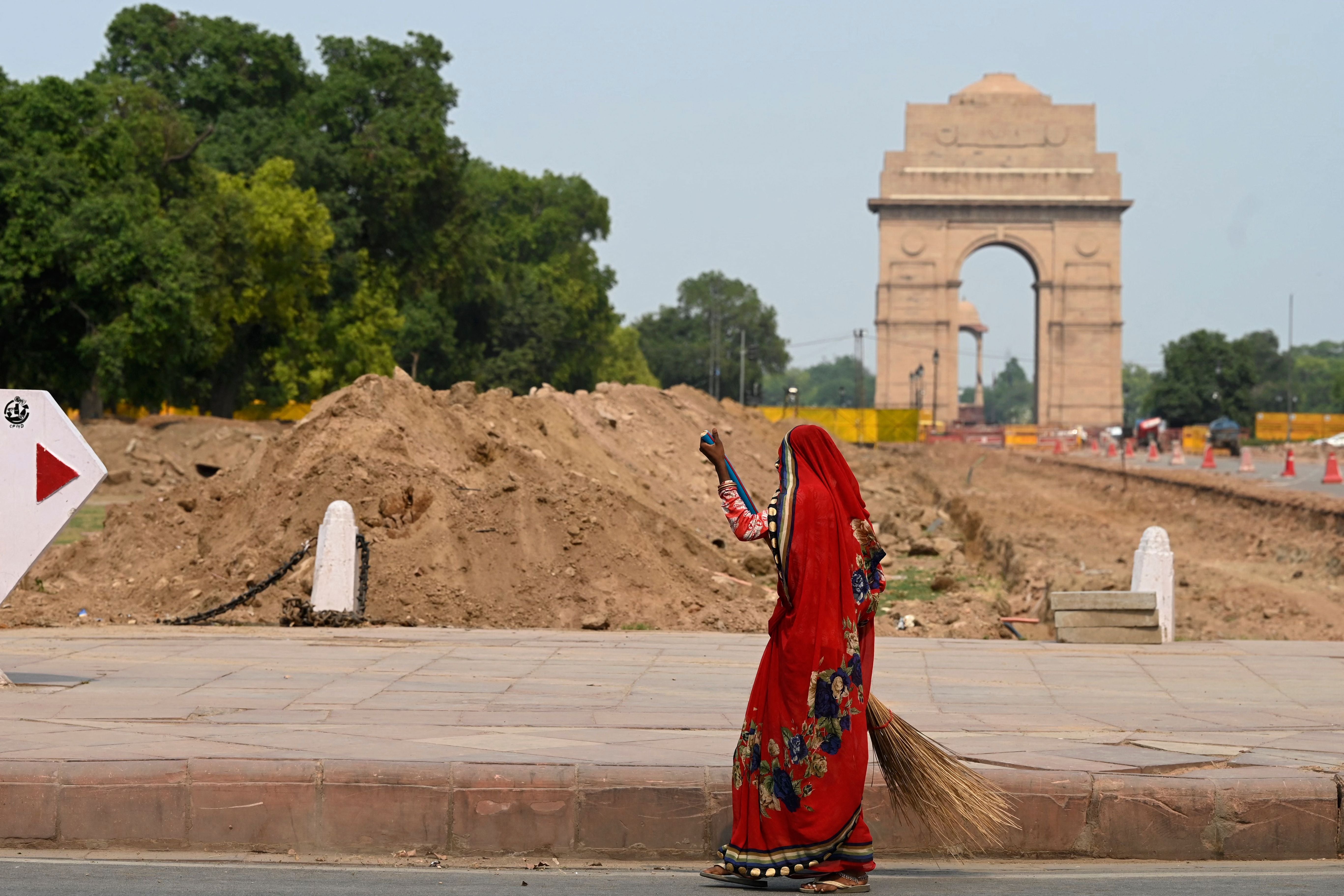 Construction waste lays in front of Delhi’s India Gate as part of the ongoing Central Vista project