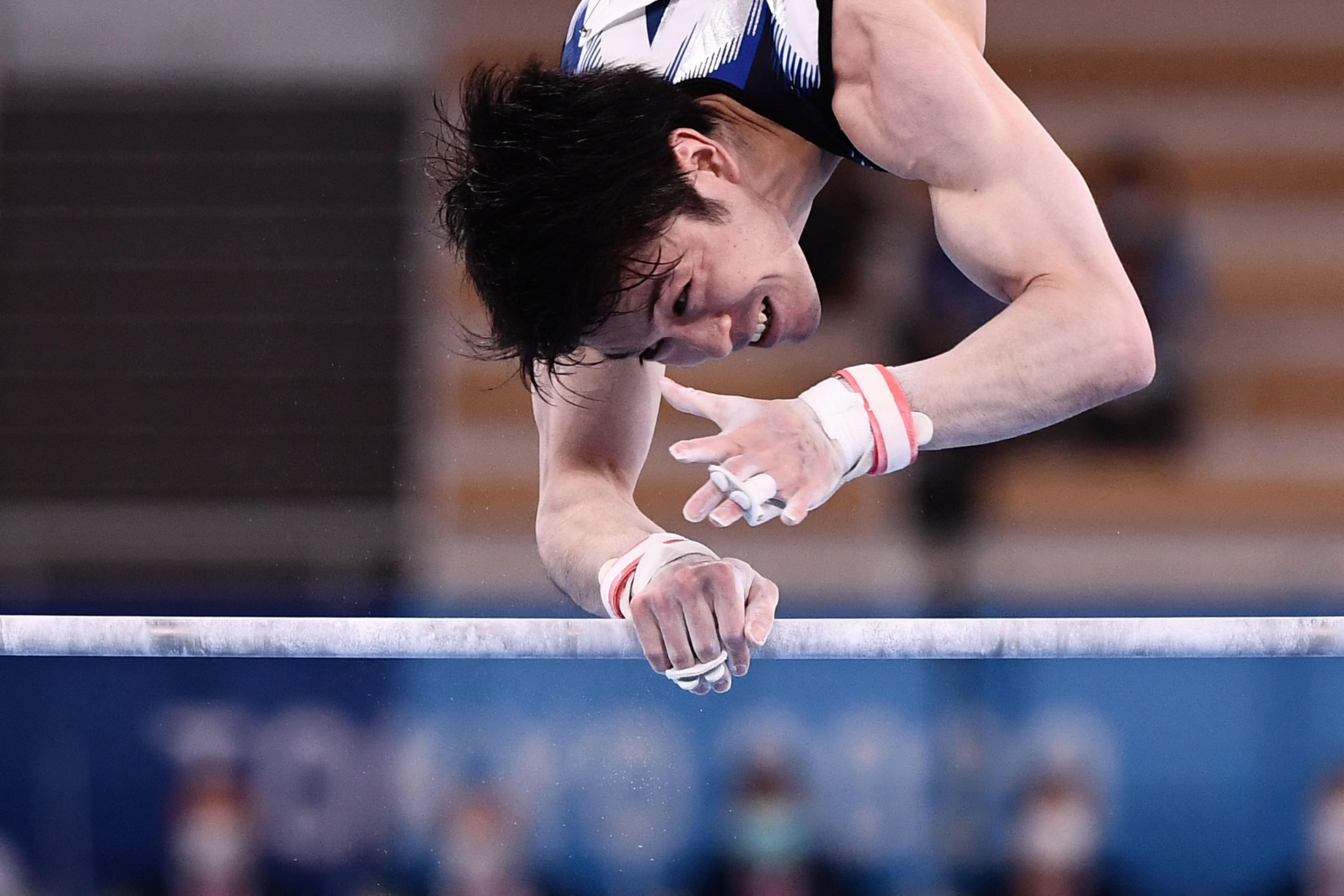 The Japanese gymnast slipped off the high bar on a pirouette