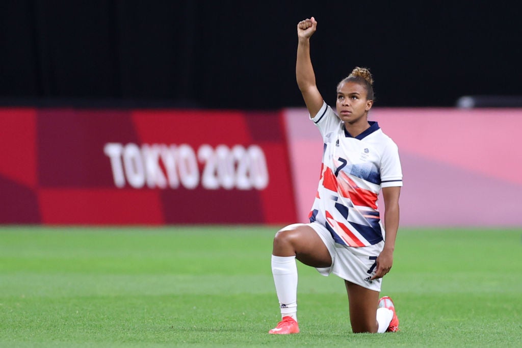 Nikita Parris of Team GB takes a knee prior to her side’s match against Japan in Sapporo, Hokkaido