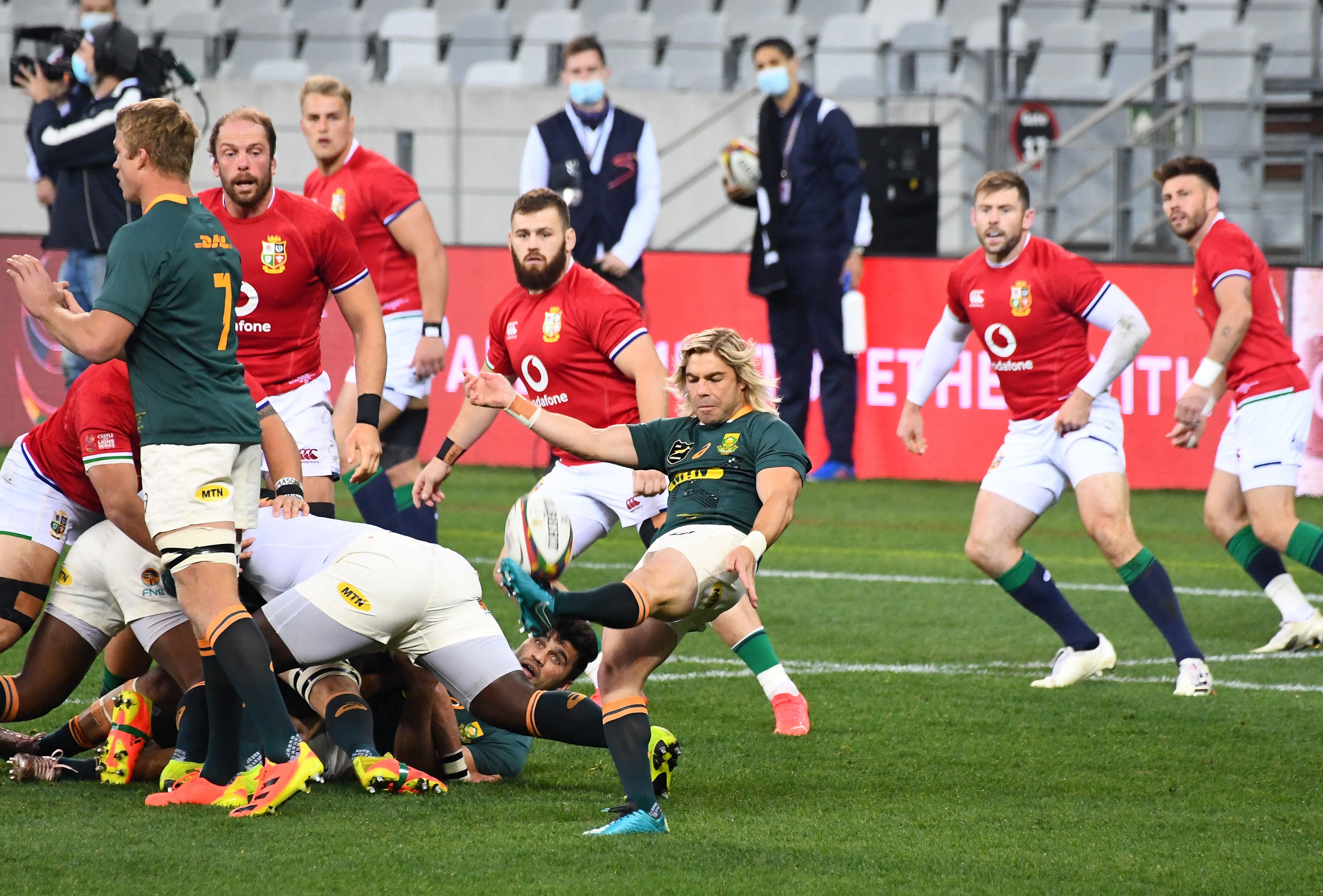 Faf de Klerk kicks the ball during the first Test with the Lions
