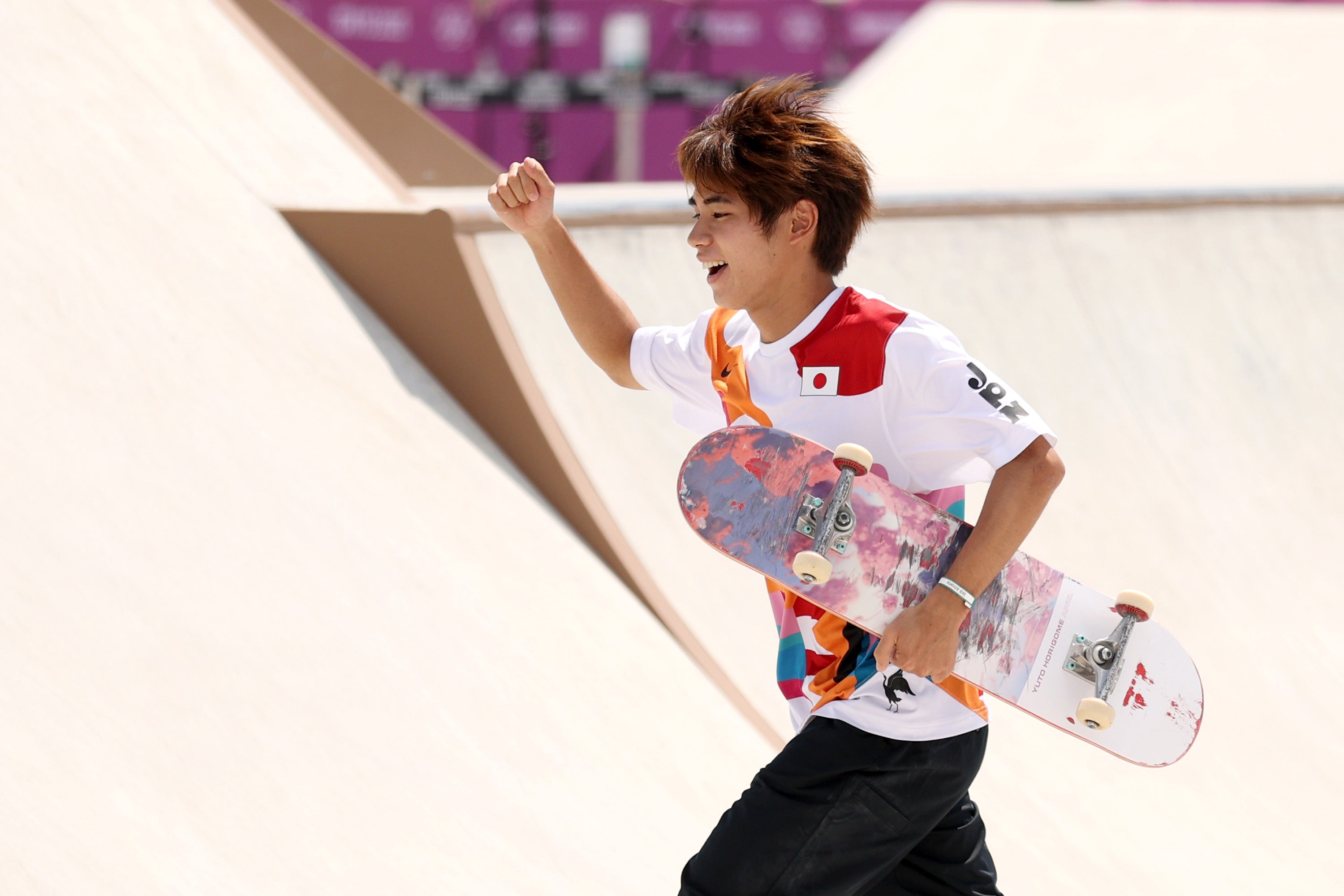 Yuto Horigome of Team Japan celebrates winning the gold medal in the Skateboarding Men's Street Finals on day two of the Tokyo 2020 Olympic Games at Ariake Urban Sports Park on 25 July 2021 in Tokyo, Japan.