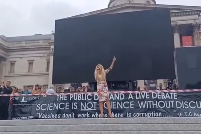 <p>Anti-vaxxer Kate Shemirani at the “Worldwide Rally for Freedom” in Trafalgar Square</p>