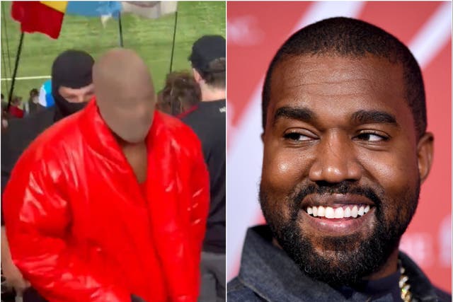 <p>Kanye West pictured at the Atlanta United game yesterday, and in 2019</p>