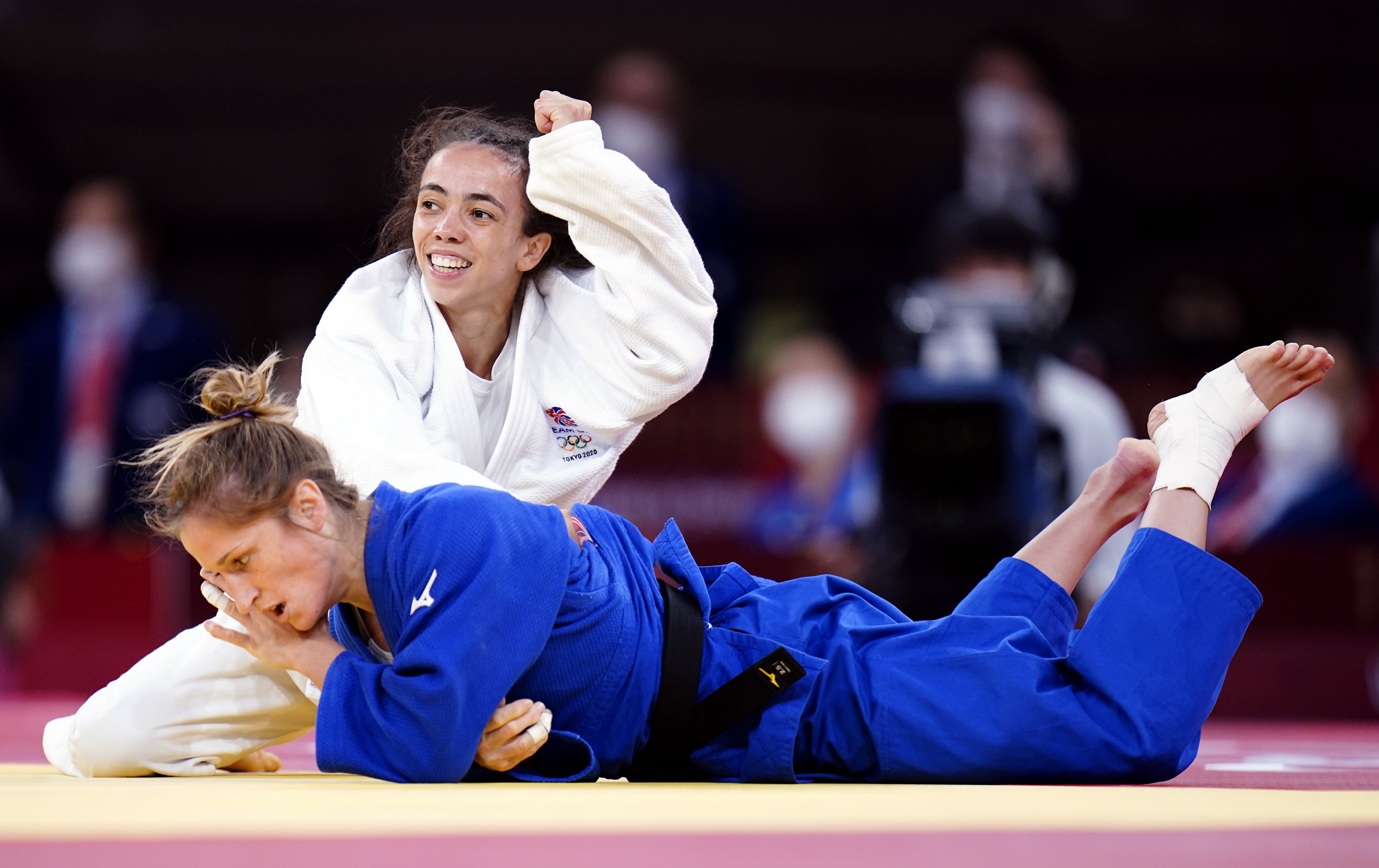 Great Britain judoka Chelsie Giles celebrates victory over Switzerland’s Fabienne Kocher in her bronze medal match (Danny Lawson/PA)