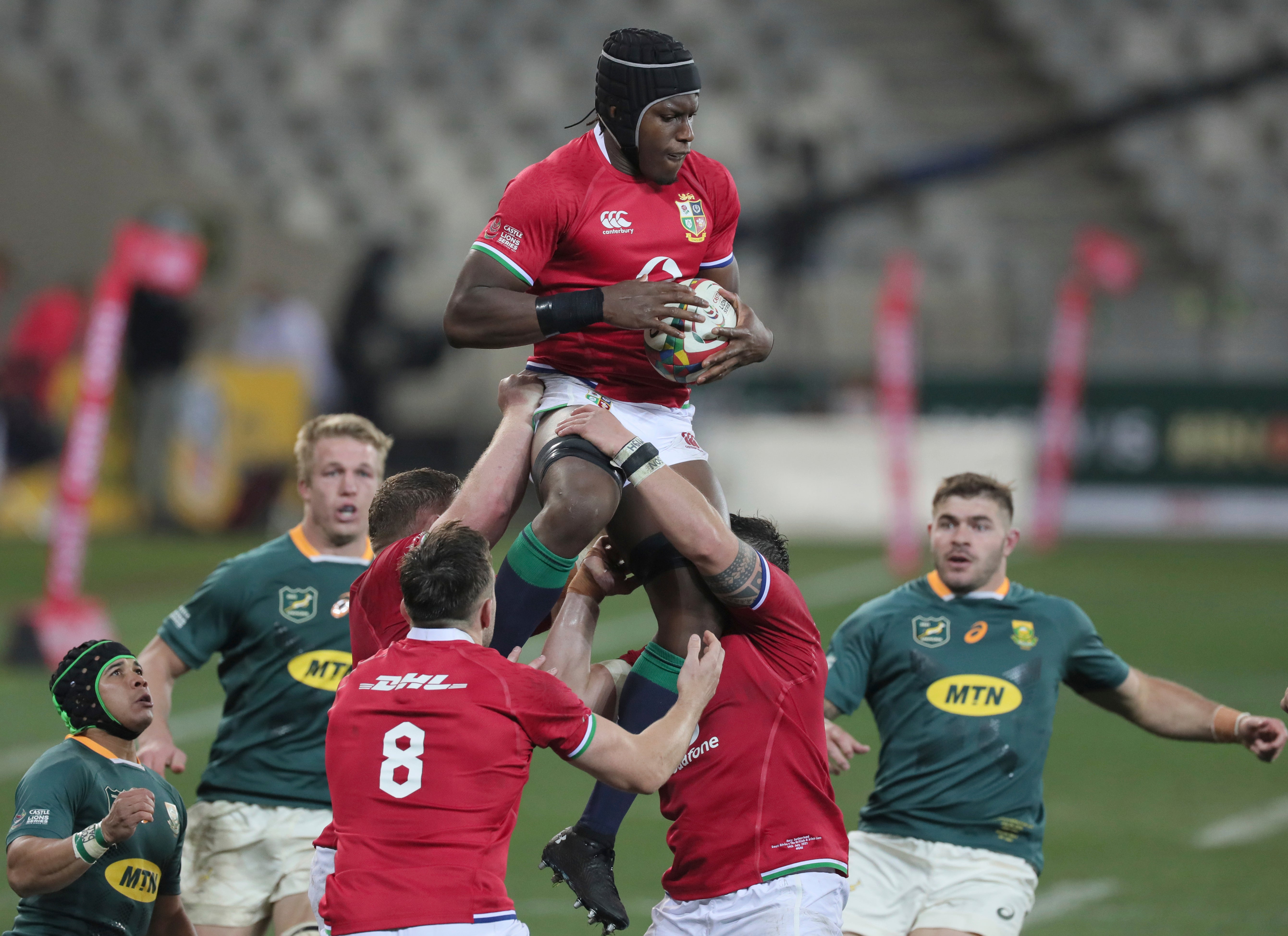 Maro Itoje climbs to take the ball during the British and Irish Lions’ first Test victory over South Africa (Halden Krog/AP/PA)