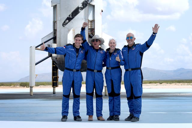 <p>Blue Origin’s New Shepard crew (L-R) Oliver Daemen, Jeff Bezos, Wally Funk, and Mark Bezos pose for a picture after flying into space in the Blue Origin New Shepard in Van Horn, Texas</p>