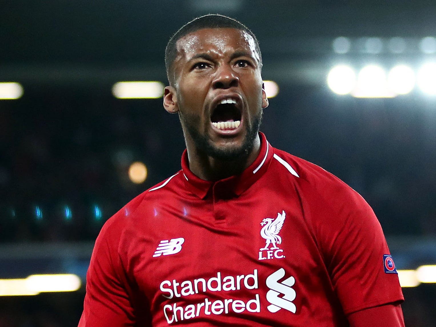 Georginio Wijnaldum celebrates scoring against Barcelona in the Champions League