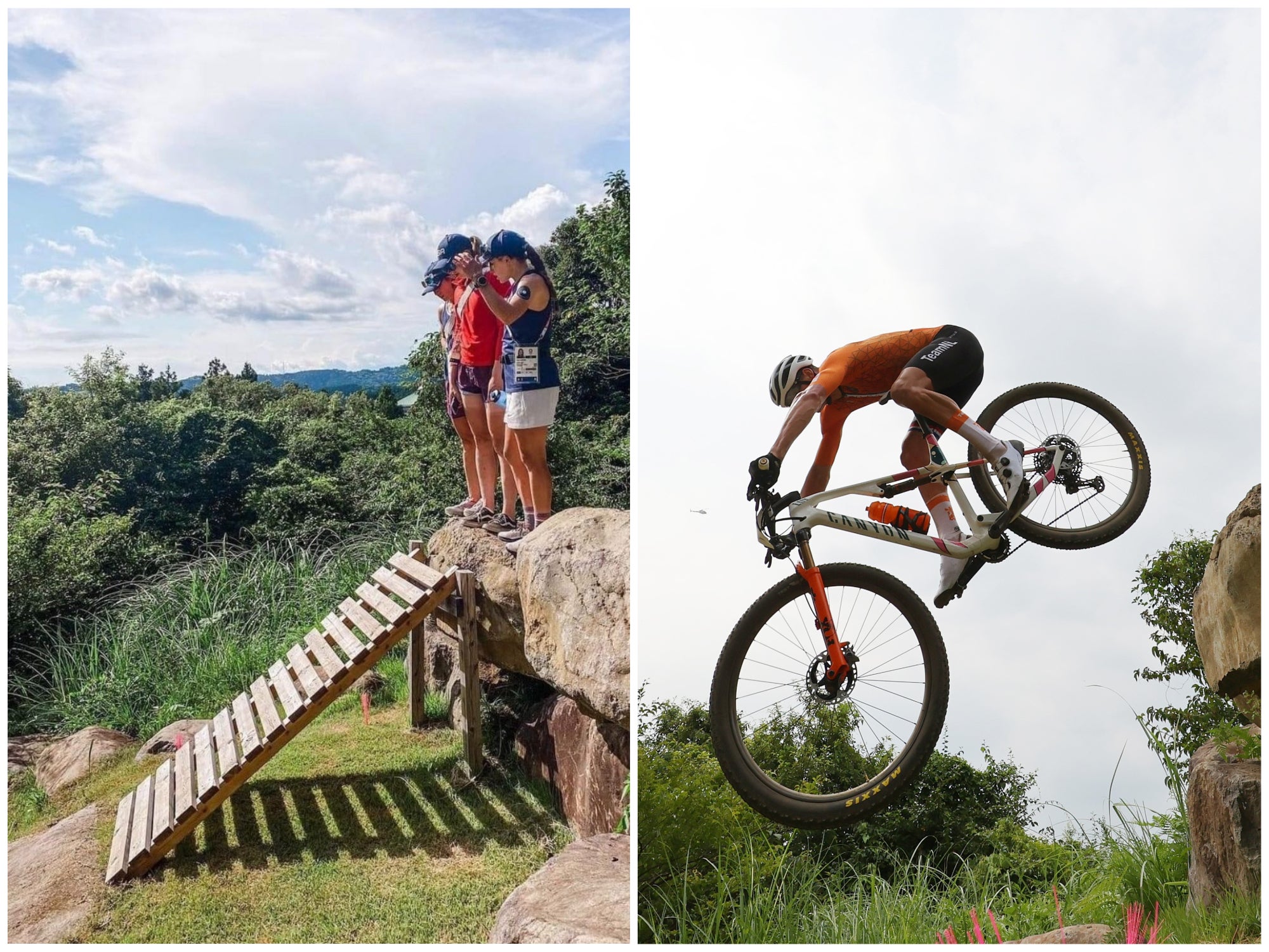 Mathieu van der Poel, right, crashes after the ramp, left, was removed