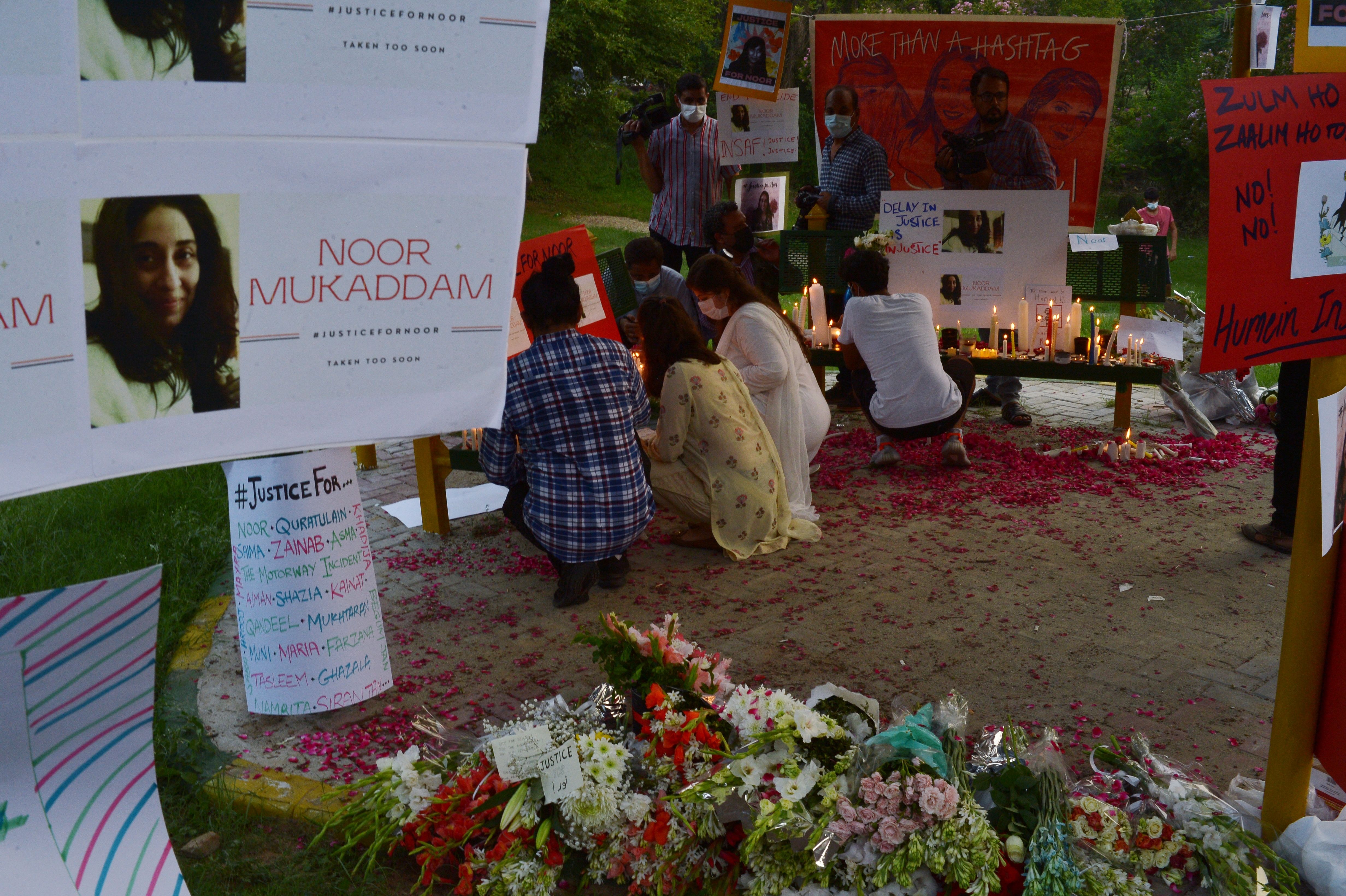 Women rights activists light candles at a park in Islamabad against the brutal killing of Noor Mukadam, the daughter of former Pakistan envoy to South Korea, in the federal capital last week