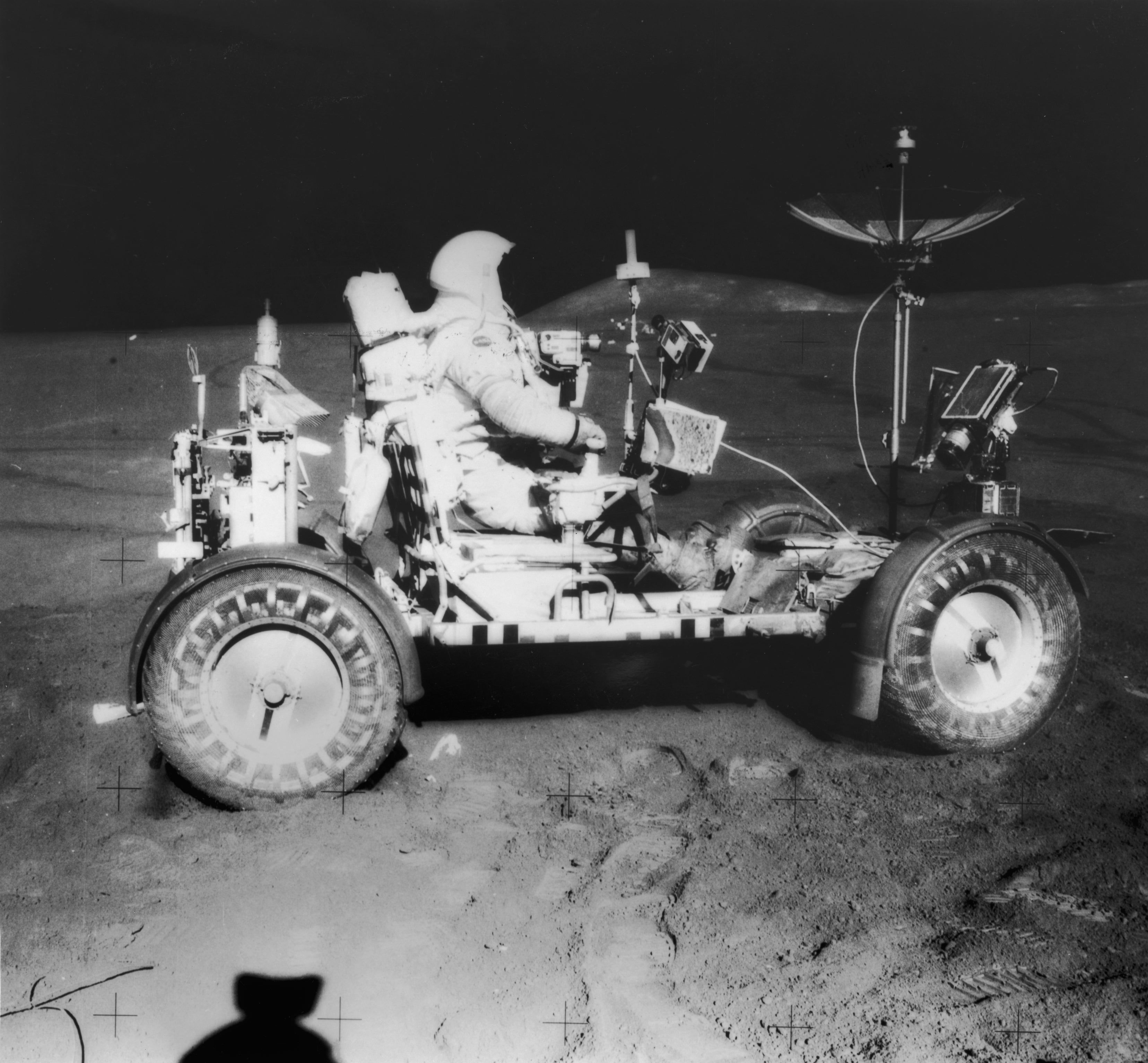 28 August 1971: Scott transports samples of rocks and soil back to the Falcon lunar module on the LRV