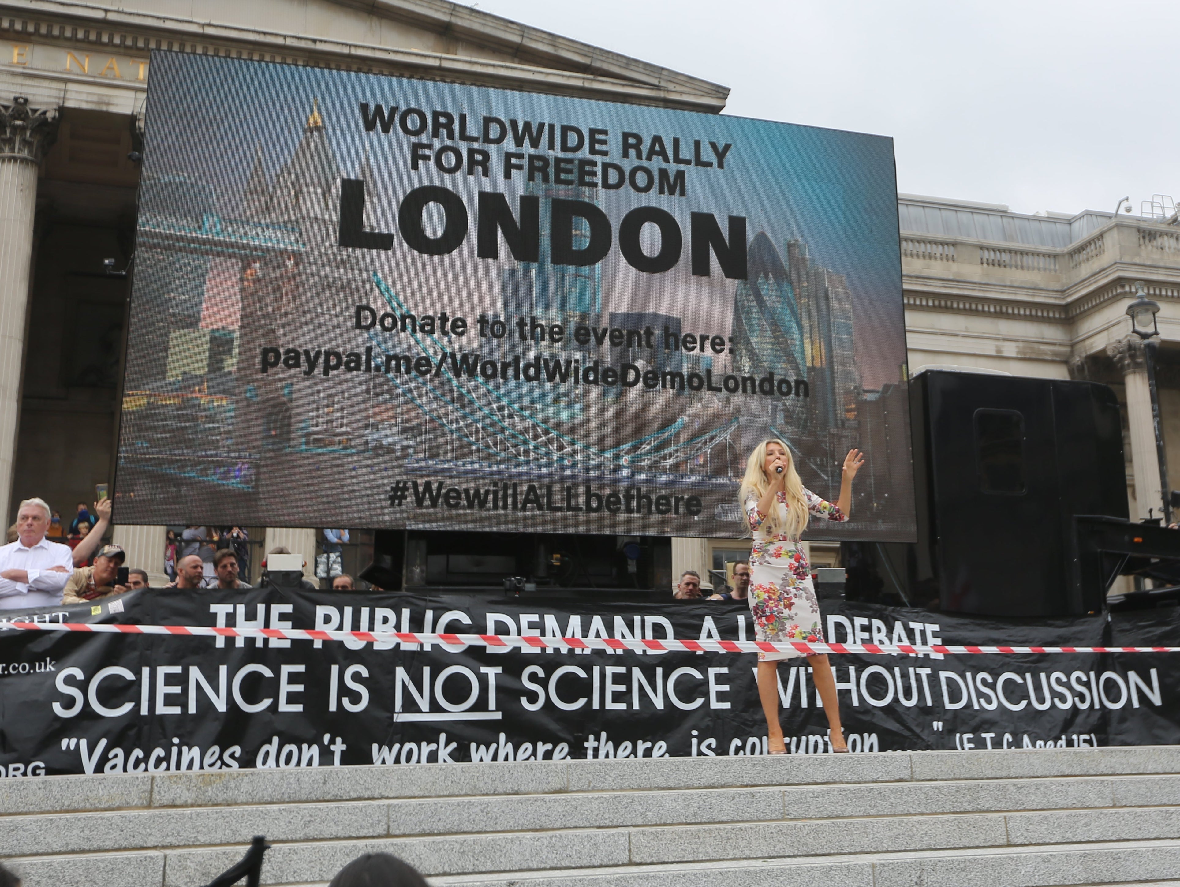Kate Shemirani speaking at an anti-vaxx protest in London on 24 July 2021
