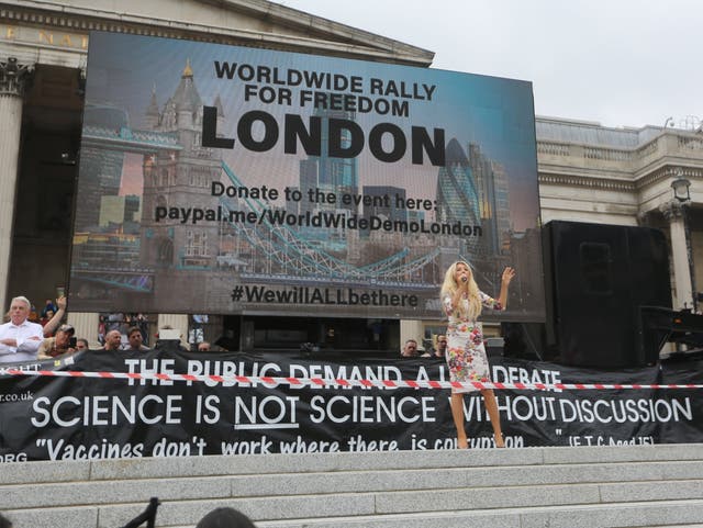 <p>Kate Shemirani speaking at an anti-vaxx protest in London on 24 July 2021</p>
