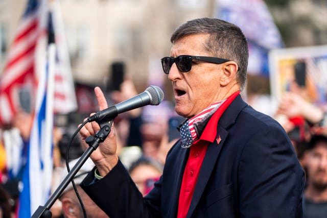 <p>File: Former National Security Adviser and convicted felon Michael Flynn speaks to supporters of former US president Donald Trump</p>