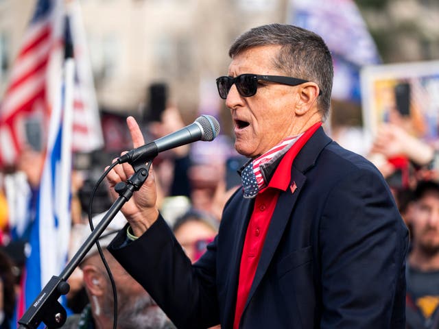 <p>File: Former National Security Adviser and convicted felon Michael Flynn speaks to supporters of former US president Donald Trump</p>