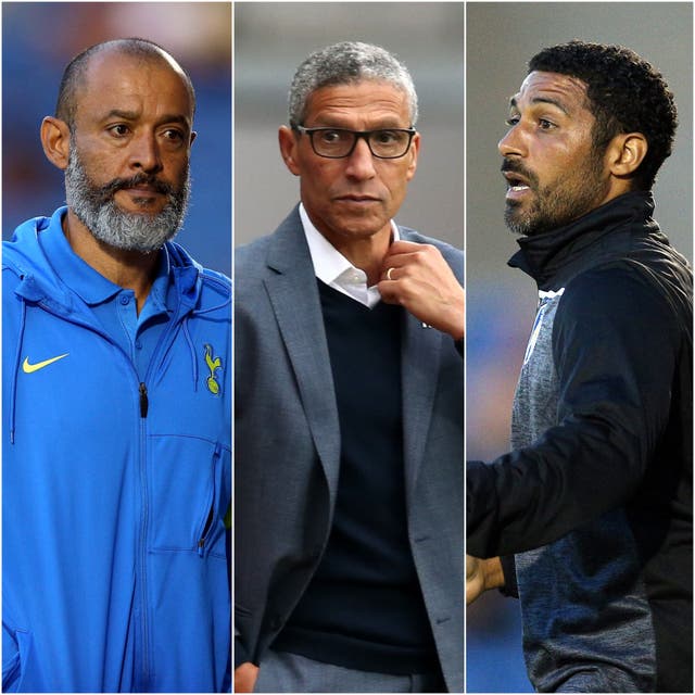 Nuno Espirito Santo, Chris Hughton and Hayden Mullins, l-r, are flying the flag for ethnic minority managers (Nigel French/Barrington Coombs/PA)