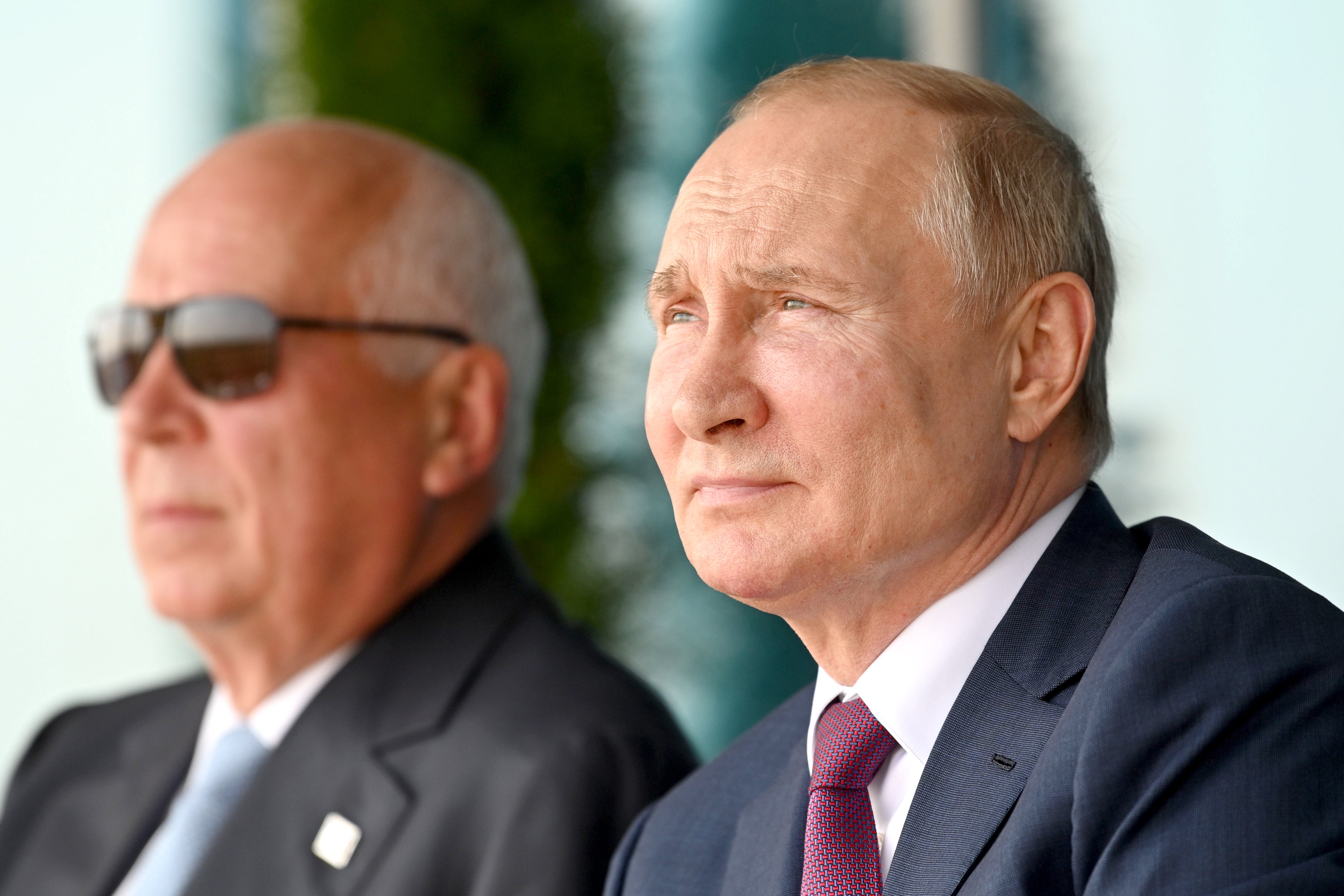 Rostec CEO Sergei Chemezov and Vladimir Putin attend the opening of the MAKS 2021 International Aviation and Space Salon.