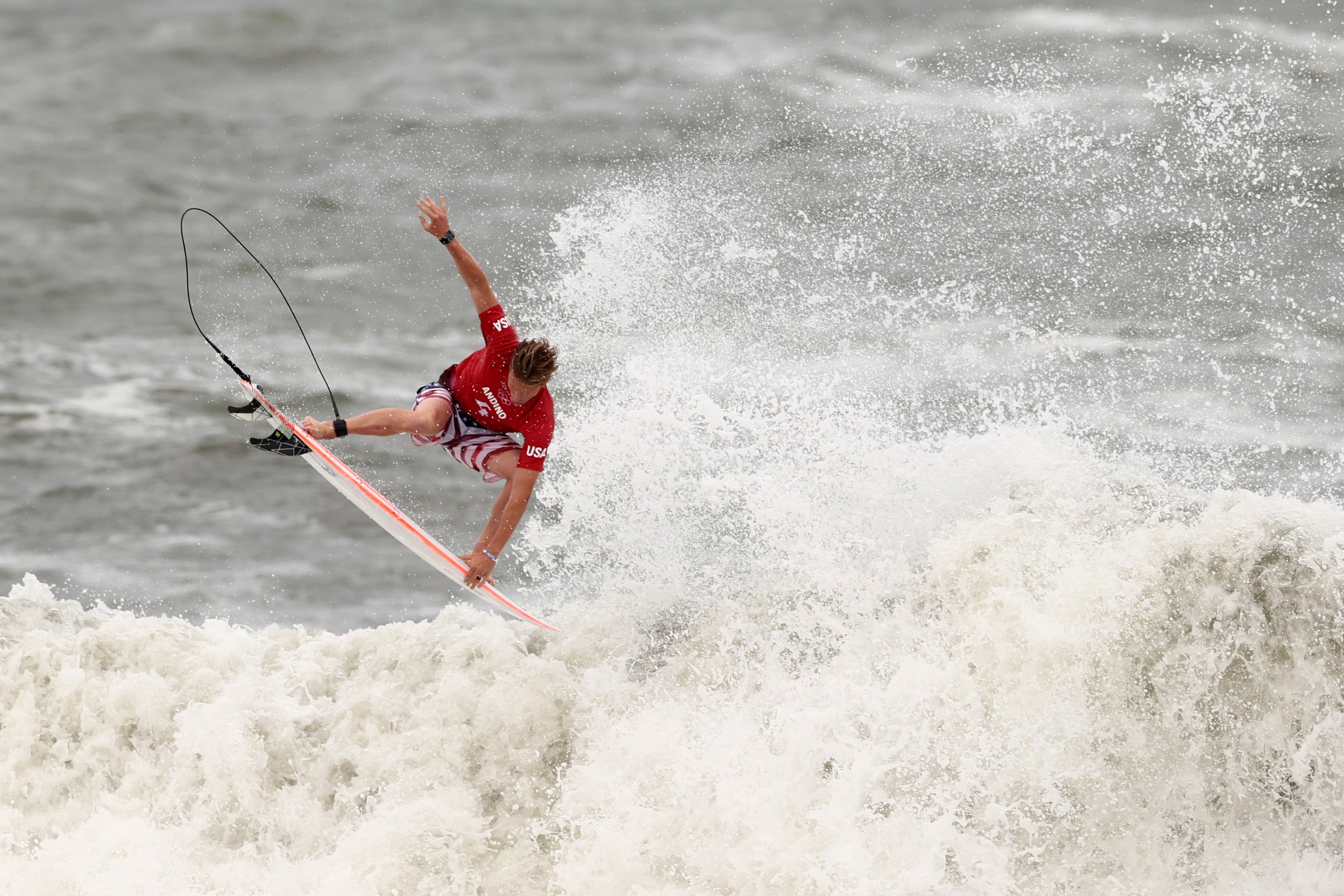 <p>Kolohe Andino of Team United States surfs during the men's round 3 heat on day three of the Tokyo 2020 Olympic Games at Tsurigasaki Surfing Beach on July 26, 2021 in Ichinomiya, Chiba, Japan</p>