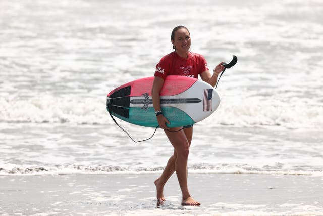 <p>Carissa Moore of Team United States reacts after winning her Women's Round 3 heat on day three of the Tokyo 2020 Olympic Games at Tsurigasaki Surfing Beach on July 26, 2021 in Ichinomiya, Chiba, Japan.</p>