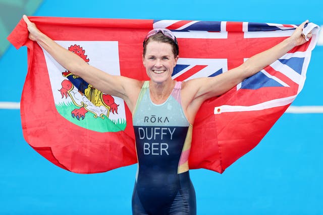 <p>Flora Duffy celebrates claiming gold for Bermuda</p>