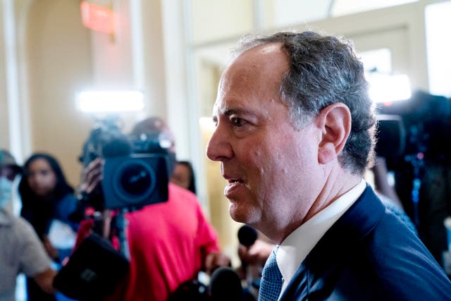 <p>California Rep Adam Schiff speaks to reporters in the Capitol </p>