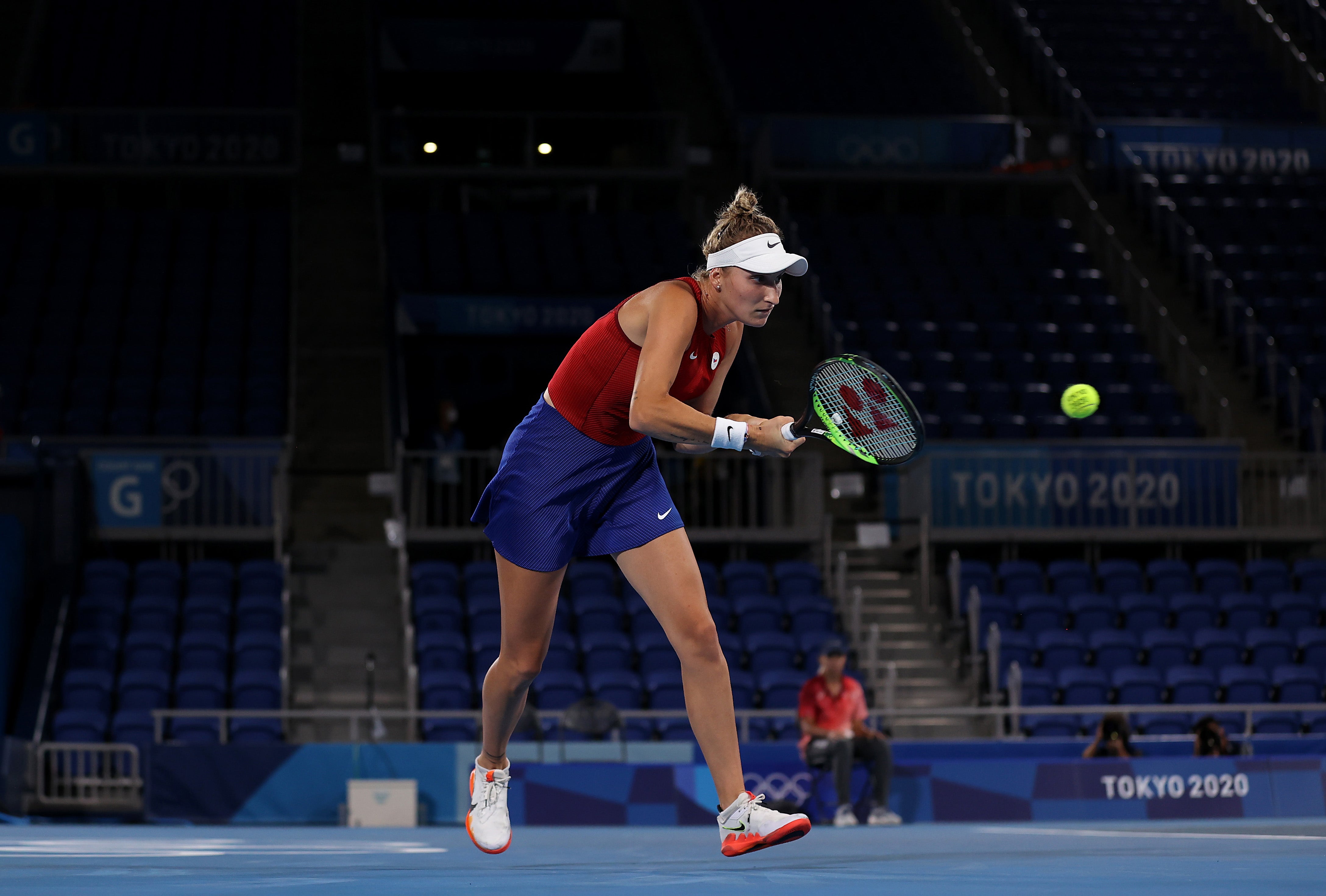 Marketa Vondrousova of Team Czech Republic plays a backhand during her Women's Singles Third Round match against Naomi Osaka of Team Japan on day four of the Tokyo 2020 Olympic Games at Ariake Tennis Park on 27 July 2021 in Tokyo, Japan