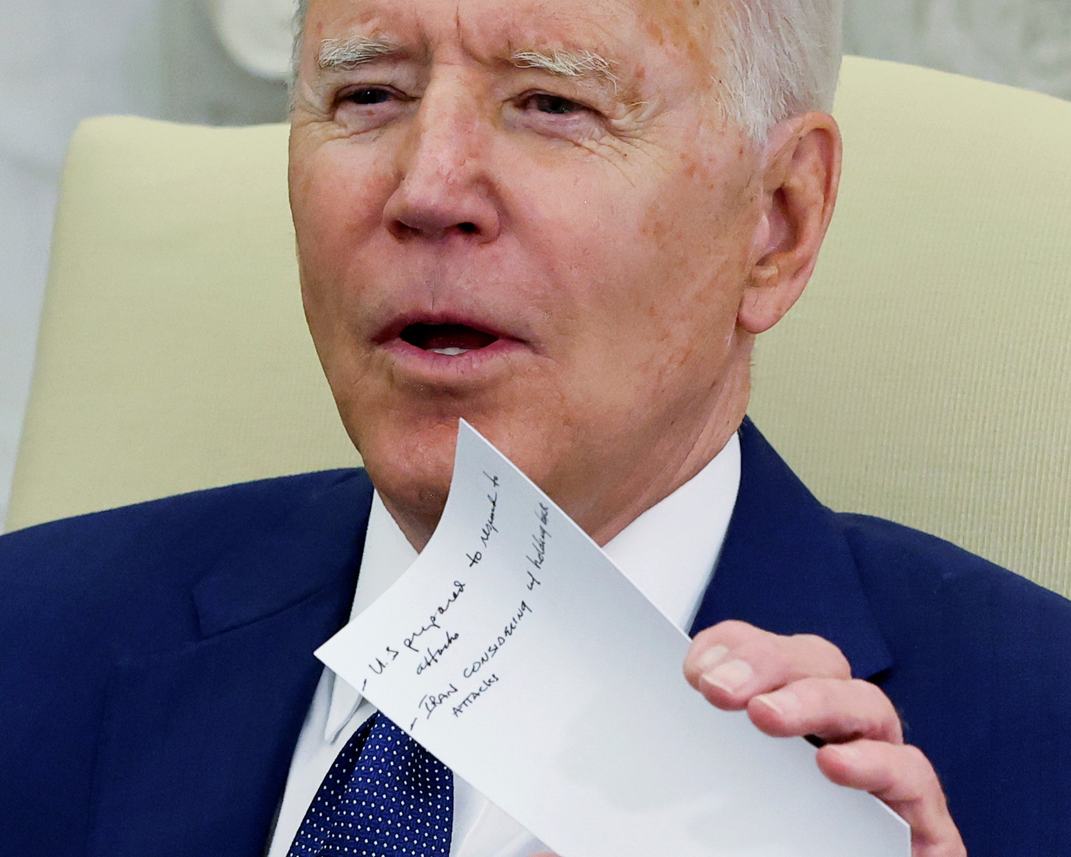 <p>US President Joe Biden holds onto notes as he speaks during a bilateral meeting with Iraq's Prime Minister Mustafa Al-Kadhimi in the Oval Office at the White House in Washington, US, 26 July 2021</p>