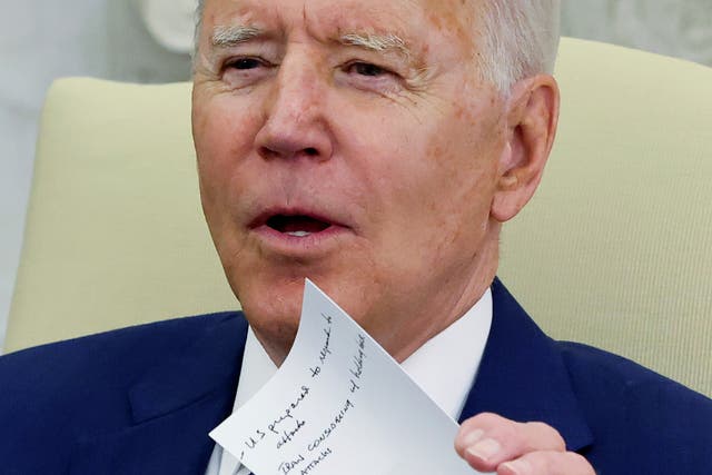 <p>US President Joe Biden holds onto notes as he speaks during a bilateral meeting with Iraq's Prime Minister Mustafa Al-Kadhimi in the Oval Office at the White House in Washington, US, 26 July 2021</p>