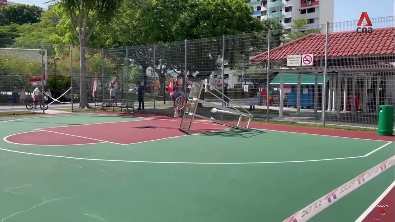 The basketball hoop structure uprooted from the ground and fell on a 17-year-old teen in Singapore’s Bedok