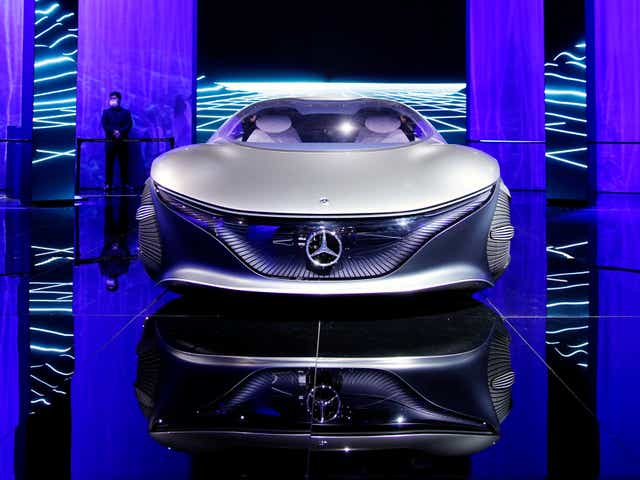 <p>A Mercedes-Benz Vision AVTR concept vehicle is displayed during a media day for the Auto Shanghai show in Shanghai, China April 19, 2021. </p>