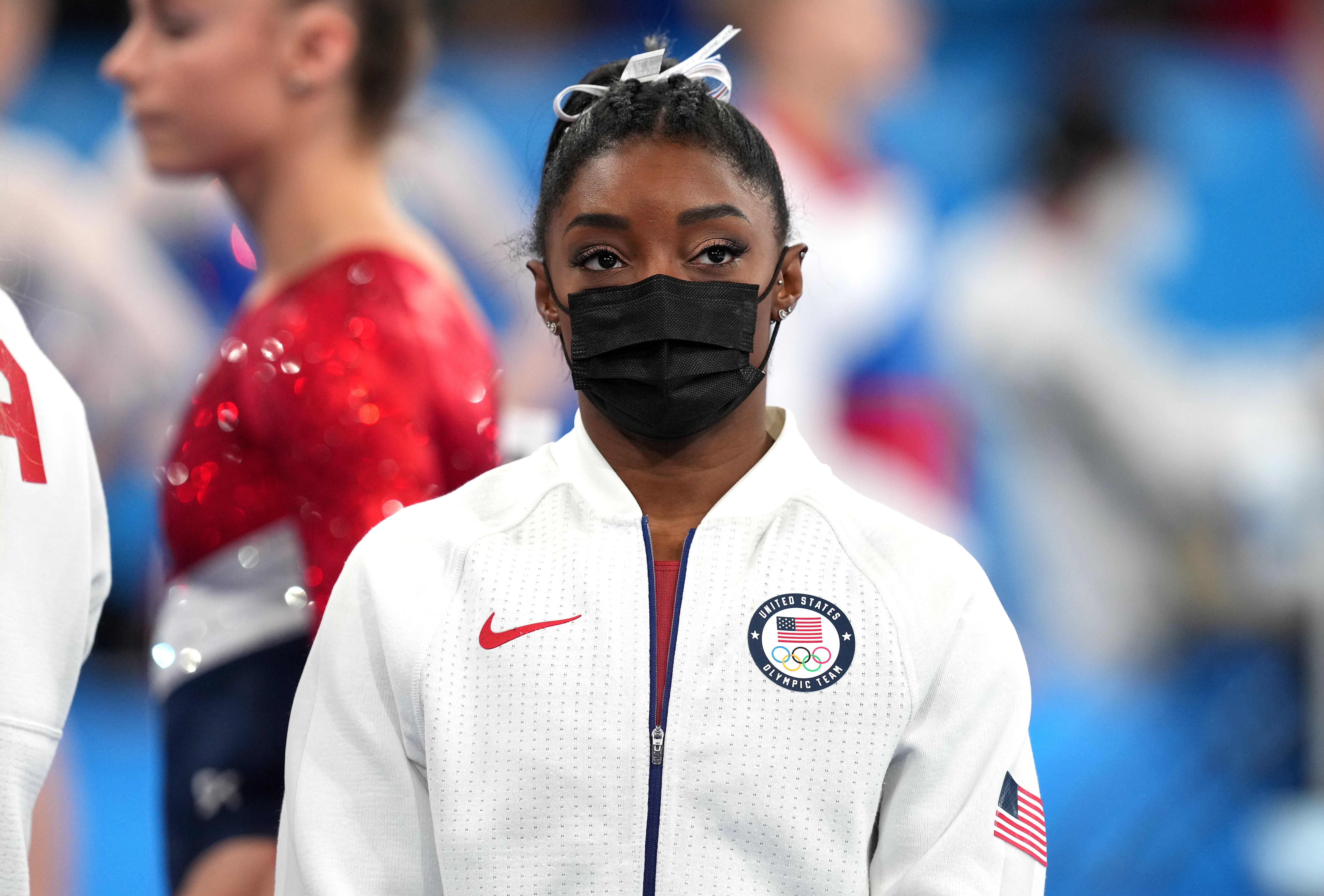 USA’s Simone Biles looks on during the Women’s Team Final after withdrawing through injury. (Martin Rickett/PA)