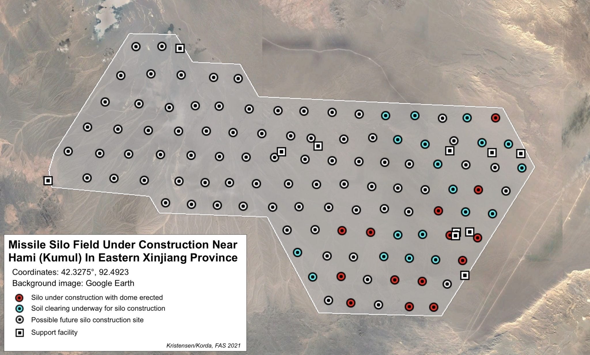 The scientists’ graphic showing where they expect future silos could be built on the site