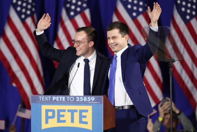<p>Chasten Buttigieg (left) on the campaign trail with husband Pete in early 2020</p>