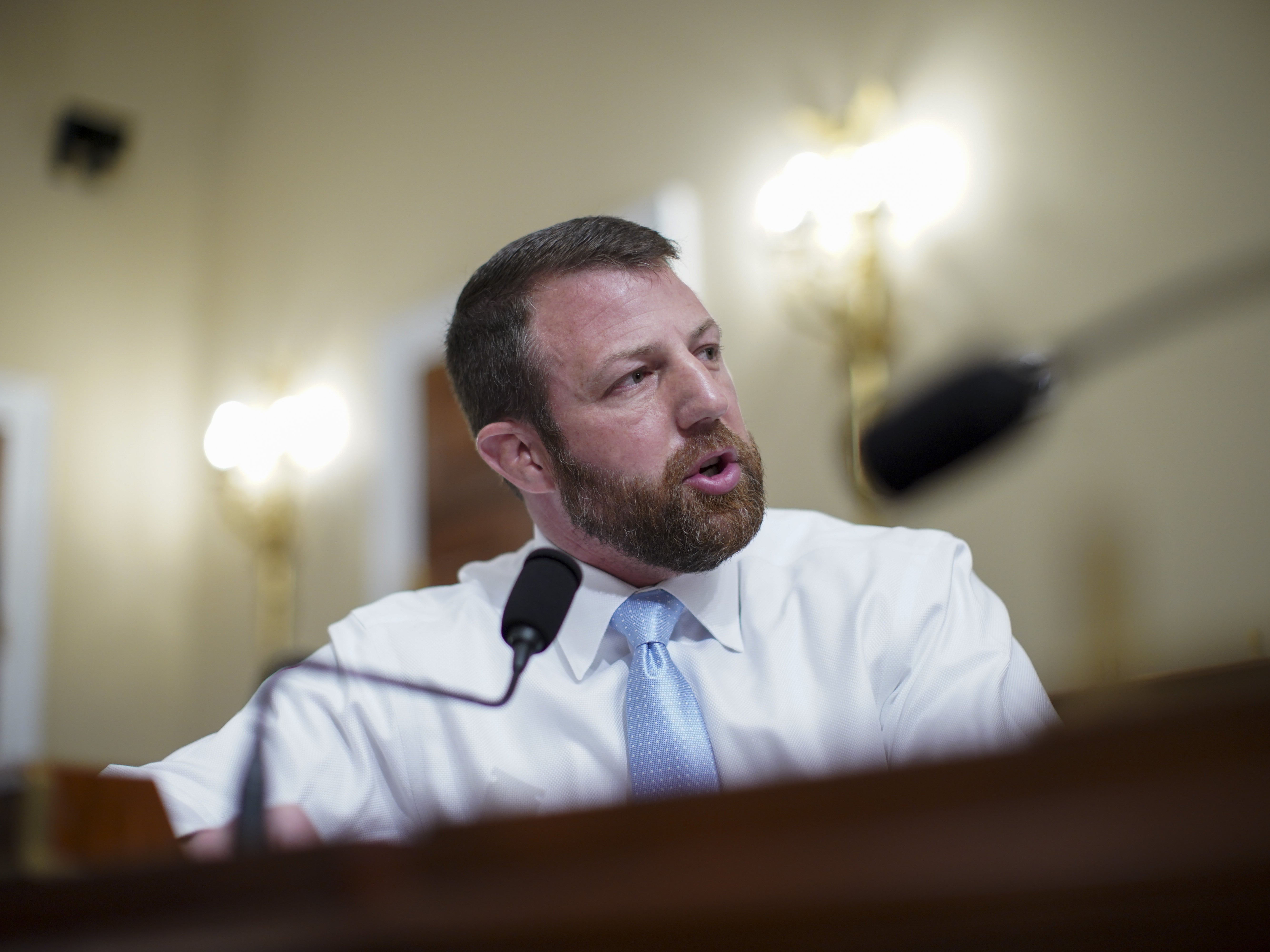 <p>Rep. Markwayne Mullin (R-OK) speaks during a House Intelligence Committee hearing on April 15, 2021 in Washington, D.C.</p>