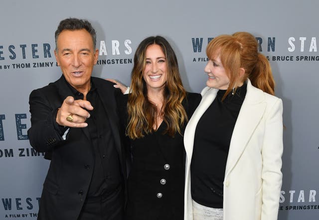 <p>In this file photo taken on 16 October, 2019 (From L) US singer-songwriter Bruce Springsteen, his daughter Jessica Springsteen and his wife Patti Scialfa attend the New York special screening of "Western Stars" at Metrograph on in New York City. </p>