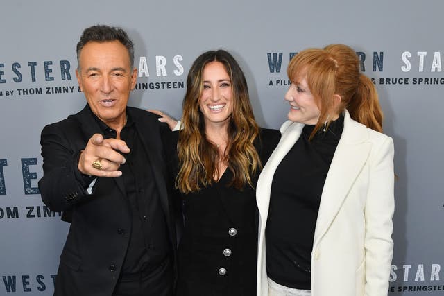 <p>In this file photo taken on 16 October, 2019 (From L) US singer-songwriter Bruce Springsteen, his daughter Jessica Springsteen and his wife Patti Scialfa attend the New York special screening of "Western Stars" at Metrograph on in New York City. </p>