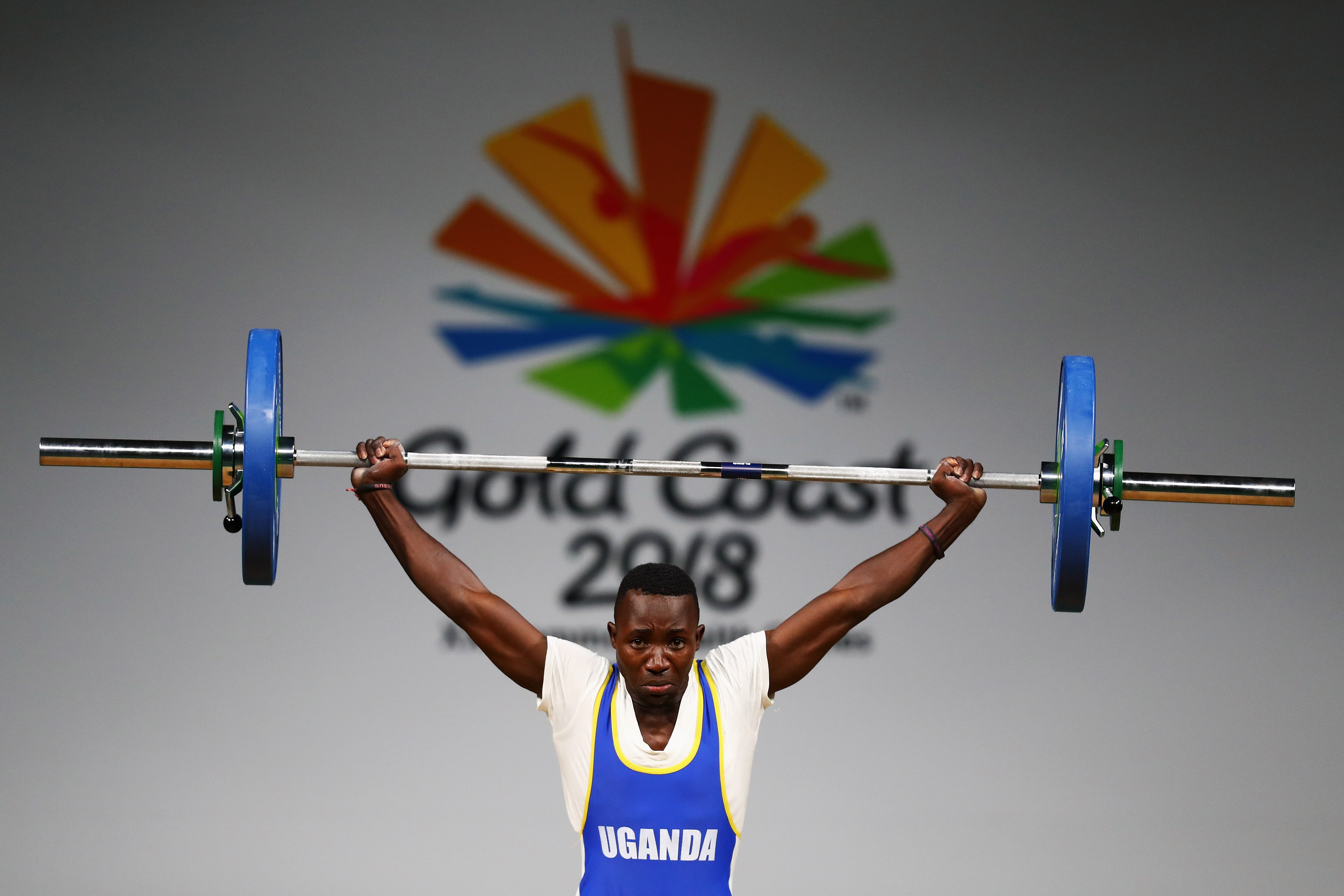 Julius Ssekitoleko of Uganda competes during the Weightlifting Men's 56kg Final on day one of the Gold Coast 2018 Commonwealth Games at Carrara Sports and Leisure Centre on April 5, 2018 on the Gold Coast, Australia.