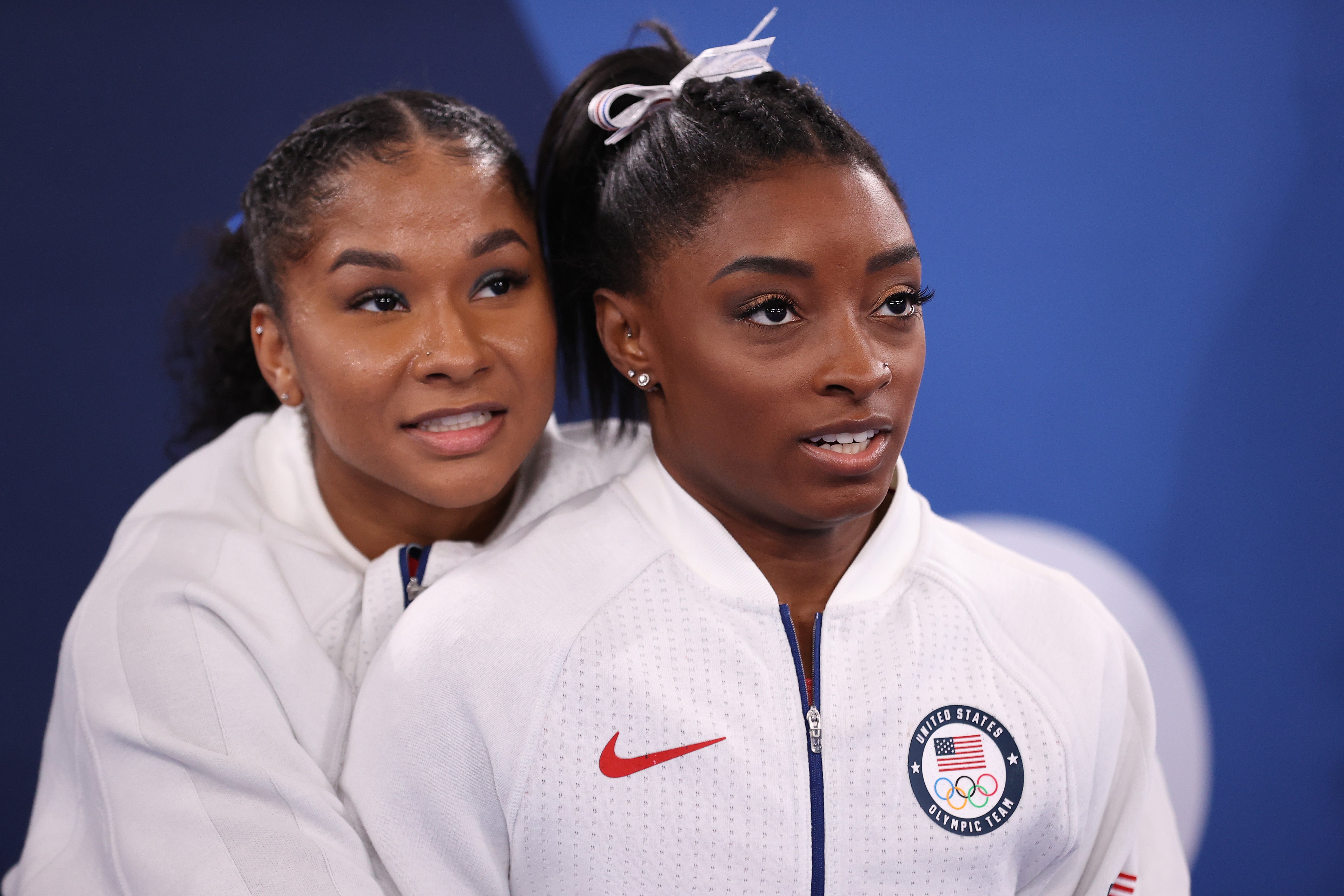 Jordan Chiles and Simone Biles of Team United States react during the Women's Team Final on day four of the Tokyo 2020 Olympic Games at Ariake Gymnastics Centre on 27 July 2021 in Tokyo, Japan