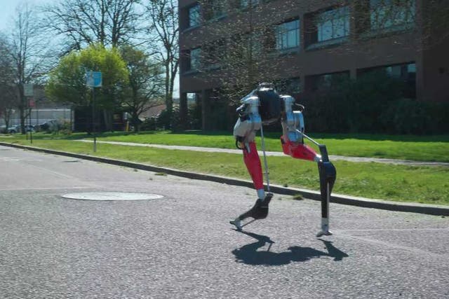 <p>Cassie, the biped robot invented by Oregon State University, running at OSU’s campus</p>