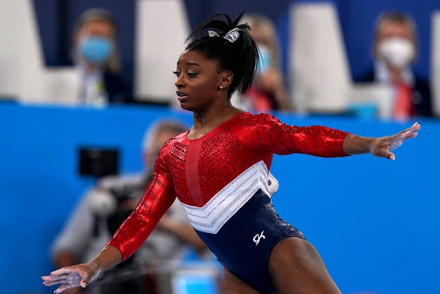 <p>Simone Biles pulled out of Tuesday’s women’s team final after a mistake on vault (Martin Rickett/PA)</p>
