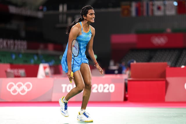 <p>Pusarla V Sindhu of Team India reacts as she competes against Cheung Ngan Yi of Team Hong Kong China during a Women’s Singles Group J match on day five of the Tokyo 2020 Olympic Games at Musashino Forest Sport Plaza on 28 July 2021 in Chofu, Tokyo, Japan</p>