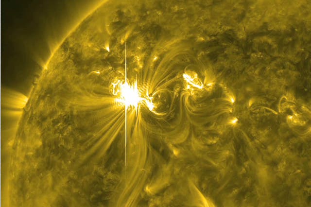 <p>A X5.4 solar flare, the largest in five years, erupts from the sun’s surface March 6, 2012</p>
