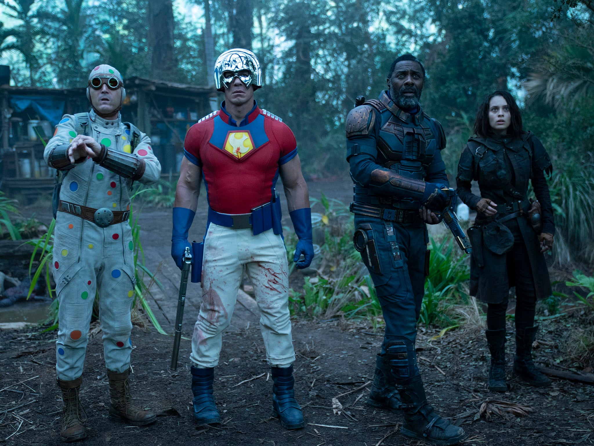 David Dastmalchian, John Cena, Idris Elba and Daniela Melchior in ‘The Suicide Squad'