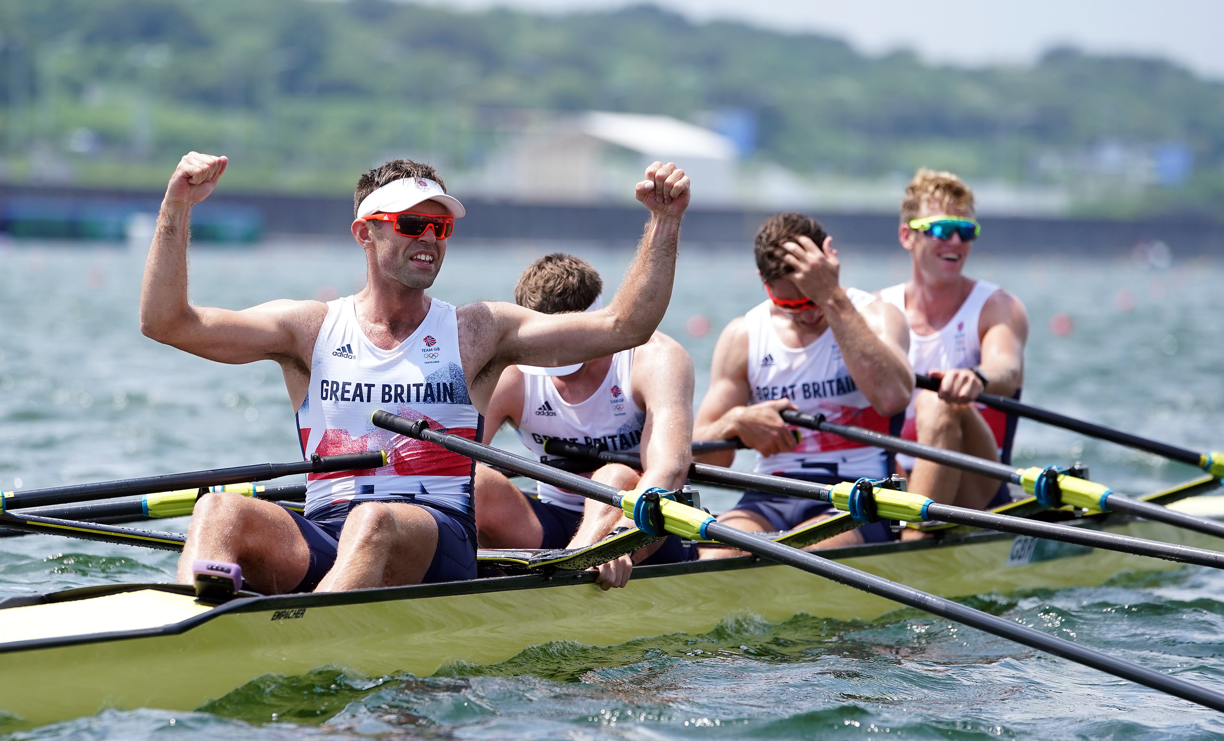 Harry Leask, Angus Groom, Tom Barras and Jack Beaumont celebrate their silver medal (Mike Egerton/PA)