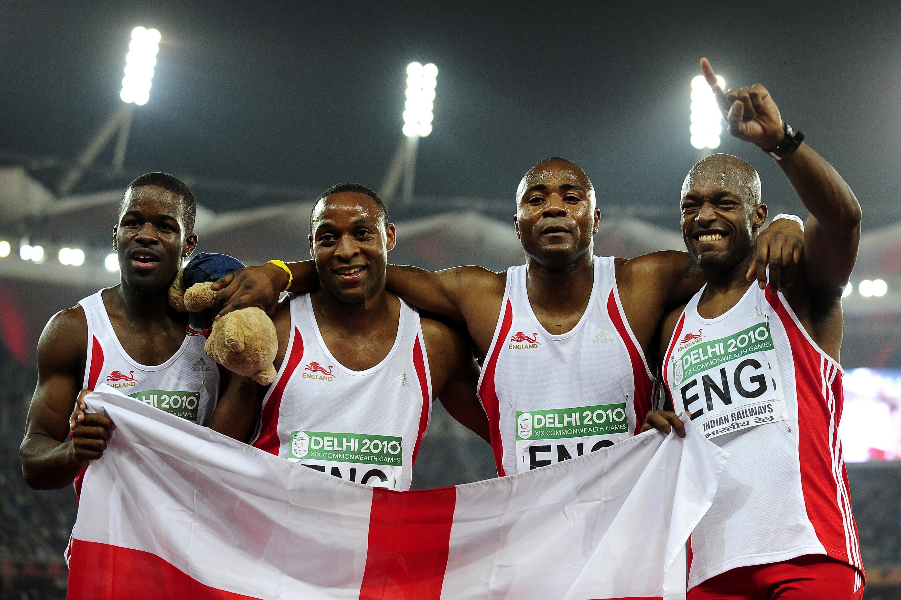 Mark Lewis-Francis (second from right) won 4×100 metres relay gold at the 2010 Commonwealth Games in Delhi (John Giles/PA).