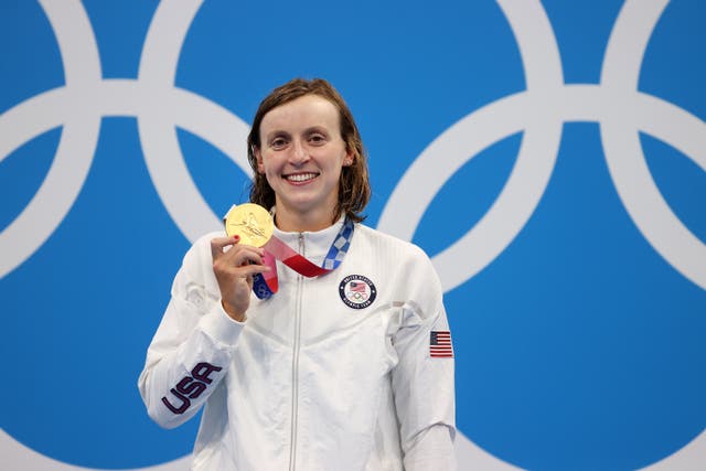 <p>Katie Ledecky of Team United States poses with the gold medal during the medal ceremony for the Women’s 1500m Freestyle Final </p>