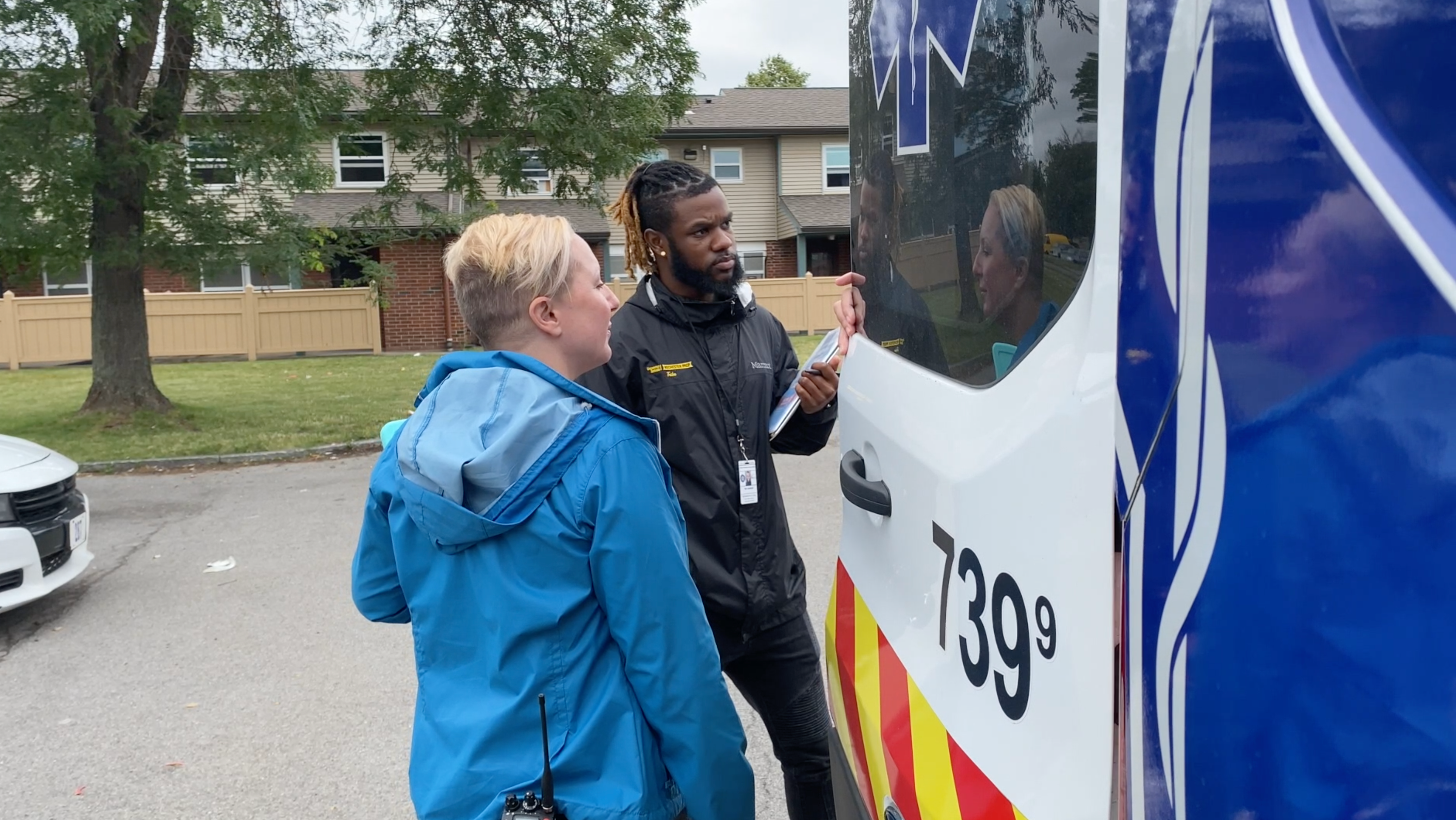 <p>Dre’ Johnson and Renee Brean, part of Rochester’s Person in Crisis team, respond to a call in the city. </p>