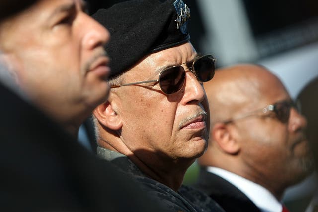 <p>Lt General Russel Honore, centre,  listens during the Hurricane Katrina Memorial Groundbreaking Ceremony on August 29, 2007 in New Orleans, Louisiana</p>