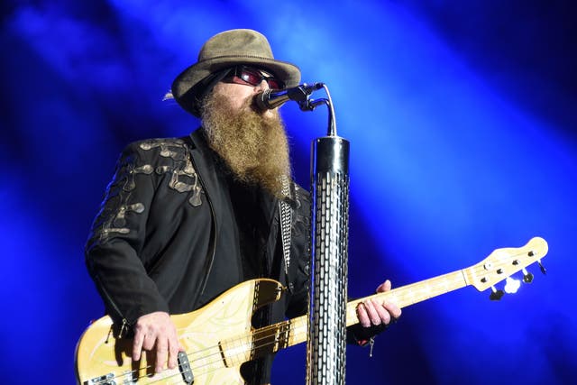 <p>Dusty Hill of ZZ Top performs during the Eurockeennes rock music festival on 3 July 2016 in Belfort, France</p>